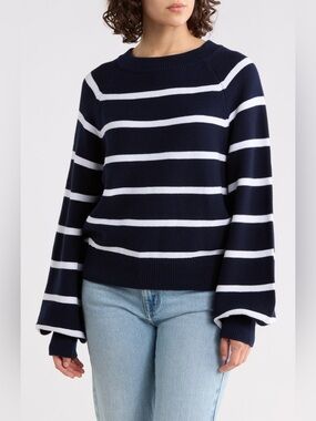 Mozart Horizontal Stripe Balloon Sleeve Sweater French Connection navy white XL